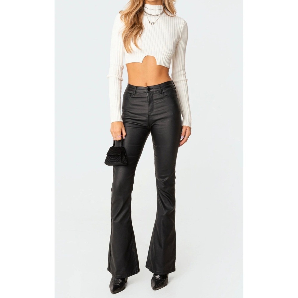 Edikted Black Coated High Waisted Flare Bell Bottom Pants XS Slim Fit Edgy